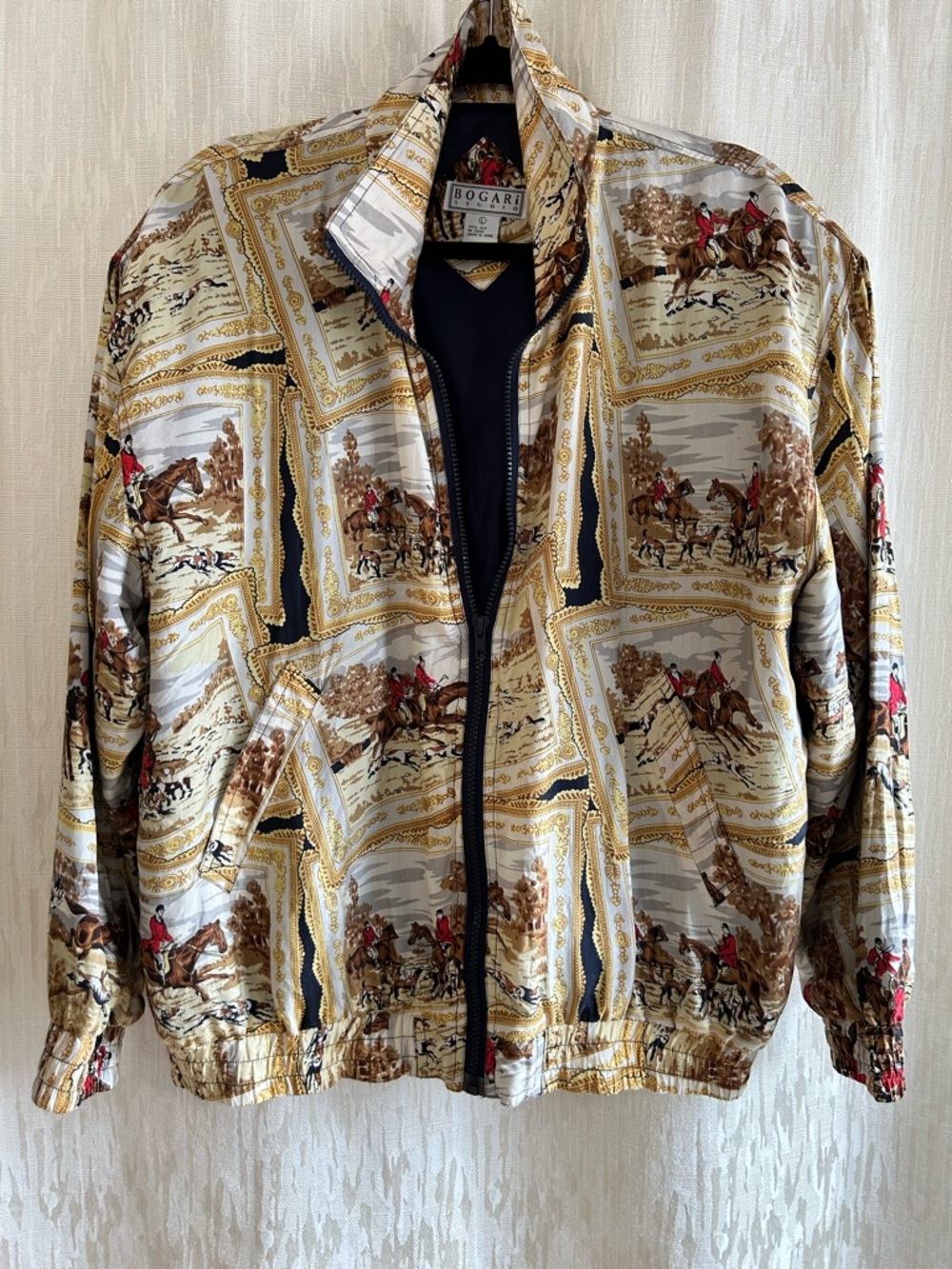 Vintage Bogari Studio 100% Silk Equestrian Fox Hunt Bomber Jacket -Funnel Neck - Picture 4 of 9